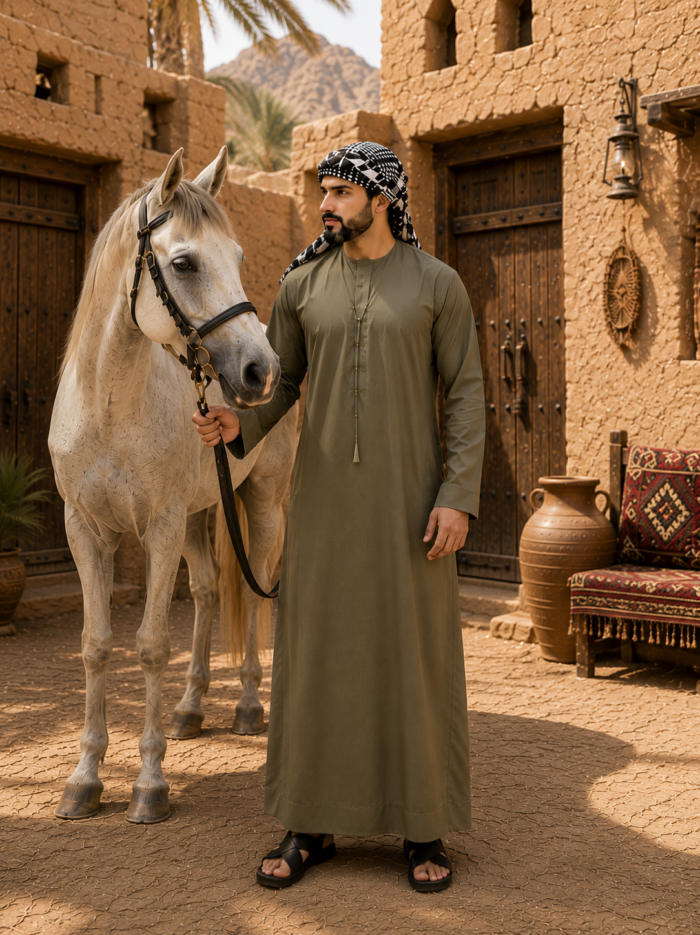 Desert courtyard with horse and man