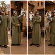 Desert courtyard with man and horse