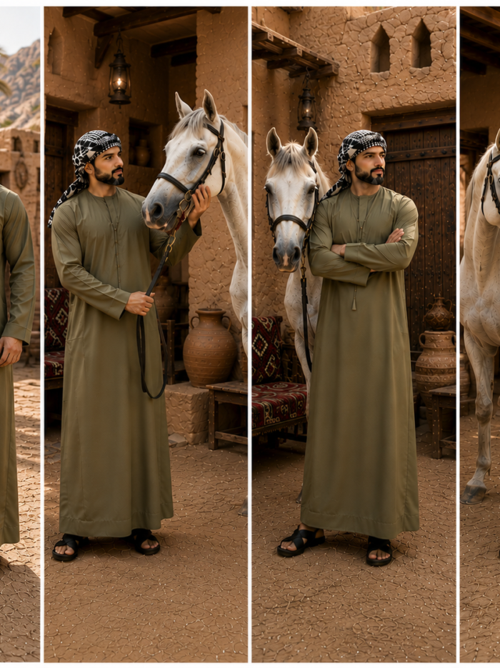 Desert courtyard with man and horse