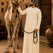 Man and camel in desert courtyard