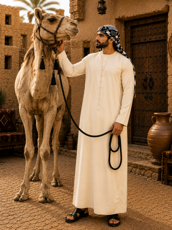 Man and camel in desert courtyard