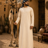 Man and camel in desert village