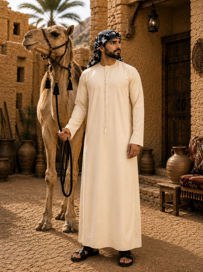 Man and camel in desert village